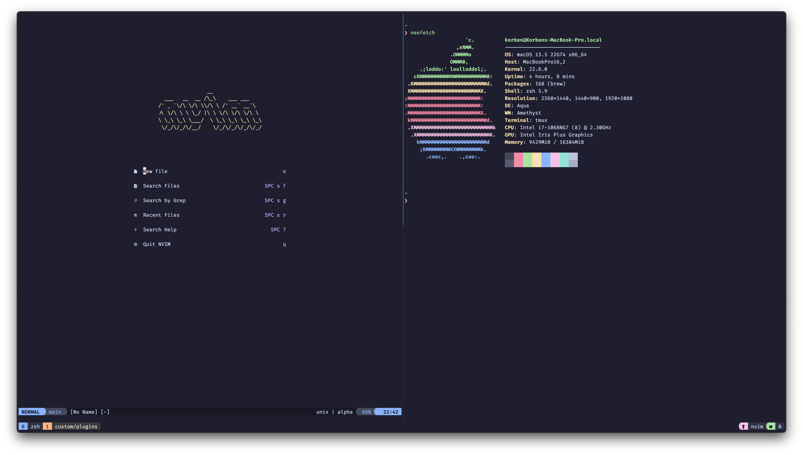 Picture of my terminal, split with tmux